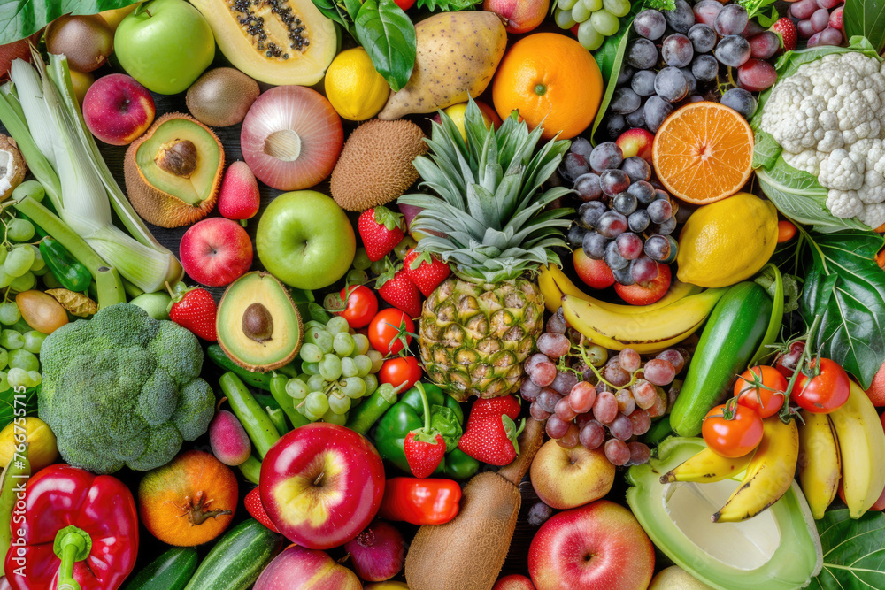 Top view of a wide variety of fresh fruits, vegetables and greens