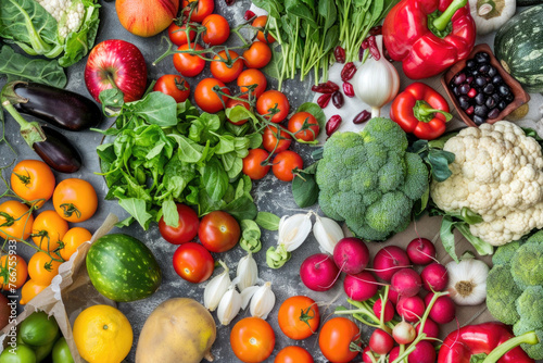 Top view of a wide variety of fresh fruits  vegetables and greens