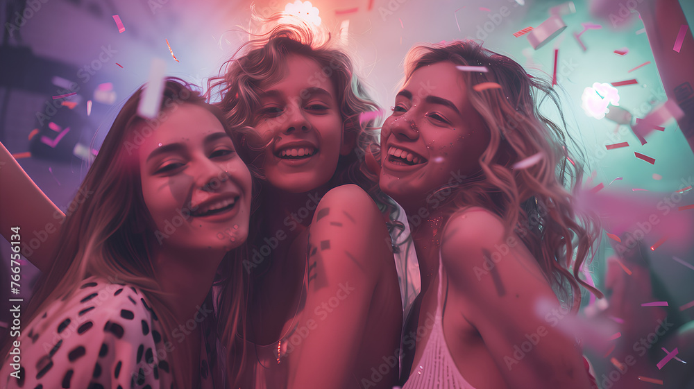 Three women are smiling and holding glasses of champagne. Scene is happy and celebratory Three women are smiling and holding glasses of champagne. Scene is happy and celebratory