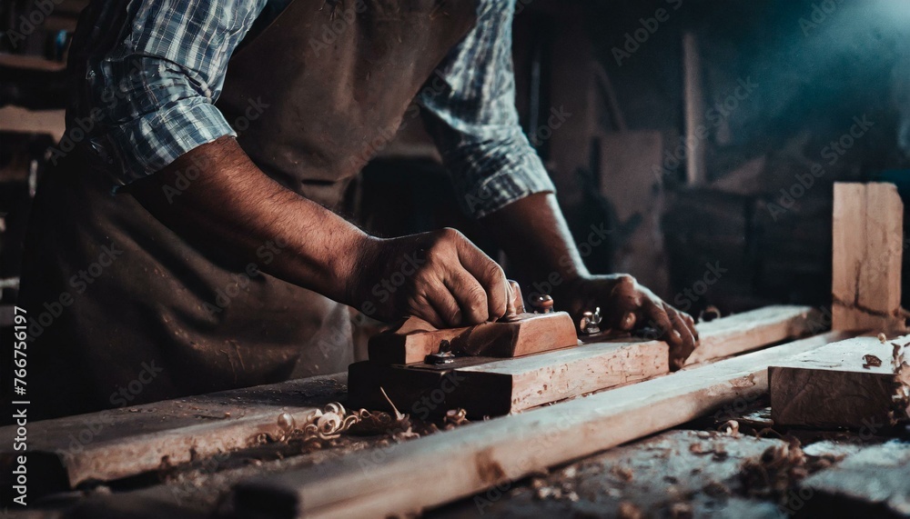 Carpenter's hands planing a plank of wood with a hand plane, in factory, old, dark 