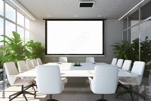 A sleek and inviting meeting room featuring a modern layout and design. The blank white empty frame on the wall provides a versatile display area. © LOVE ALLAH LOVE