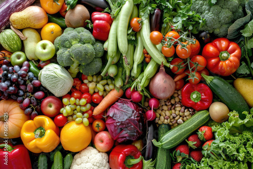 Top view of a wide variety of fresh fruits  vegetables and greens