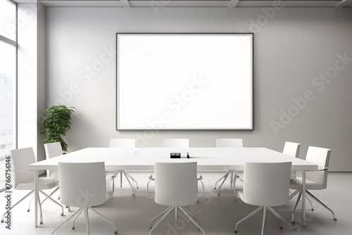A sleek and inviting meeting room featuring a modern layout and design. The blank white empty frame on the wall provides a versatile display area. © LOVE ALLAH LOVE