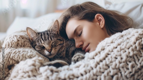 Young woman with cute cat sleeping in bed.