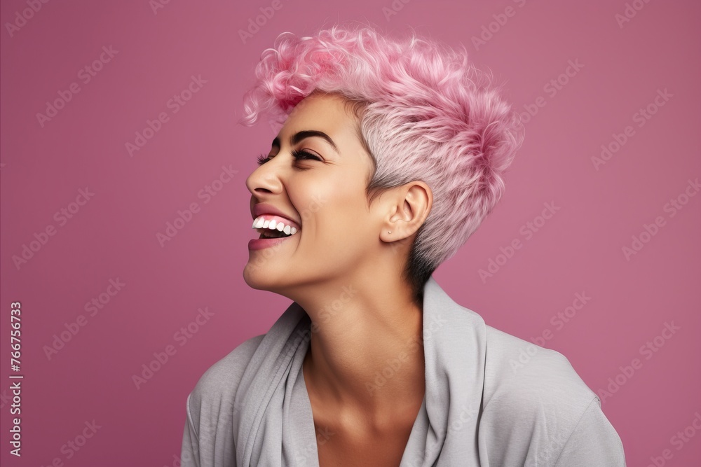Happy young woman with pink hair on a pink background. Beauty, fashion.