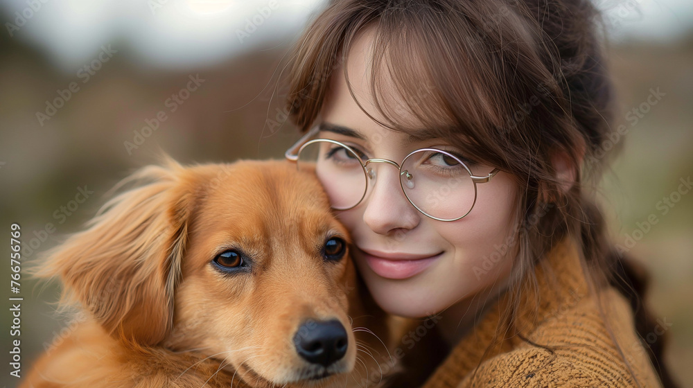 A young girl wearing glasses and bangs was playing with a dog in the spring.