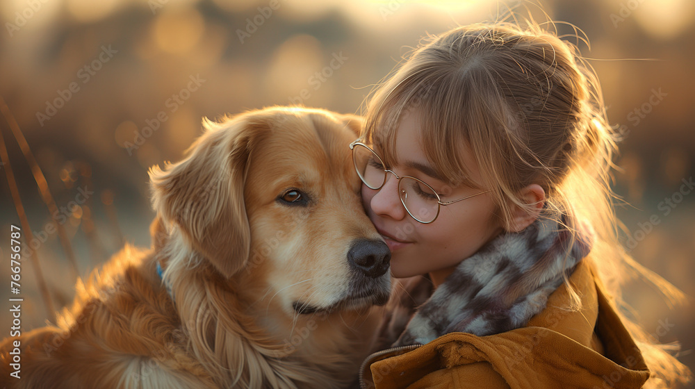A young girl wearing glasses and bangs was playing with a dog in the spring. A young girl wearing glasses and bangs was playing with a dog in the spring.
