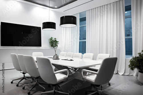 A sleek and elegant meeting space boasting minimalist yet stylish furnishings. The blank white empty frame on the wall provides a versatile display area. © LOVE ALLAH LOVE