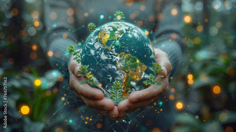 A conceptual image of a person holding a globe surrounded by symbols of pollution and technology A conceptual image of a person holding a globe surrounded by symbols of pollution and technology