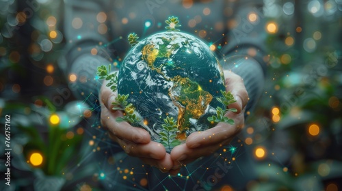 A conceptual image of a person holding a globe surrounded by symbols of pollution and technology
