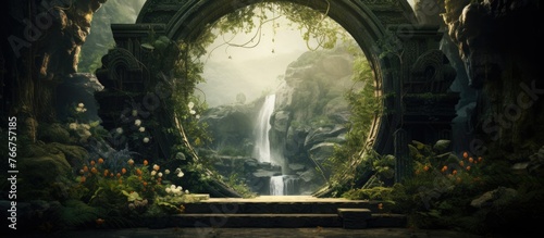 Lush green forest surrounds a majestic waterfall cascading under a stone arch in a serene natural setting