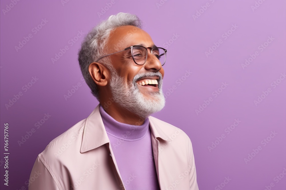 Portrait of a happy senior Indian man in glasses and a beige jacket on a purple background.