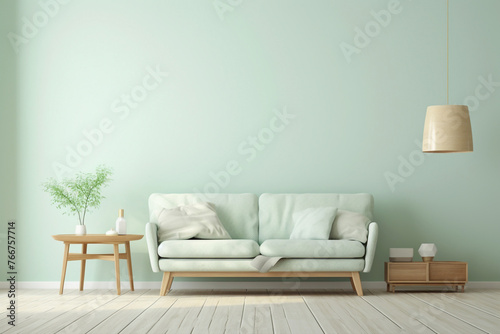 A serene living space in calming seafoam green, showcasing a white empty frame amidst light and airy decor, evoking tranquility.