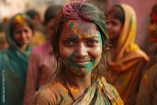 A young girl with a spirited smile is covered in Holi festival colors, expressing delight and innocence