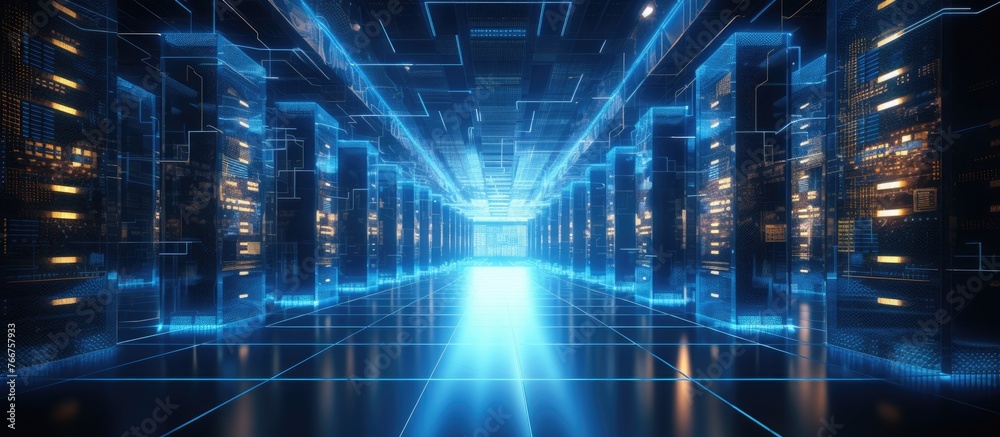 A set of Azure servers in a data center arranged in parallel rows, emitting an electric blue light from the ceiling. The symmetry and pattern create a futuristic scifi atmosphere A set of Azure servers in a data center arranged in parallel rows, emitting an electric blue light from the ceiling. The symmetry and pattern create a futuristic scifi atmosphere