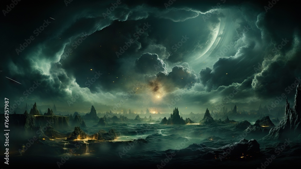 Dramatic digital art portraying a stormy celestial event over a foreboding and rugged alien landscape