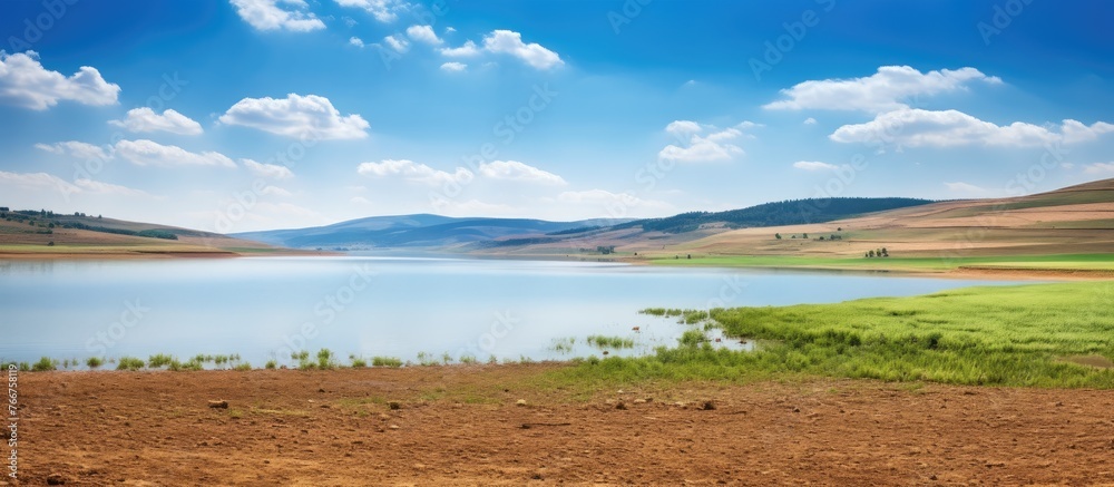 Tranquil lake surrounded by green meadows under the towering presence of distant mountain peaks