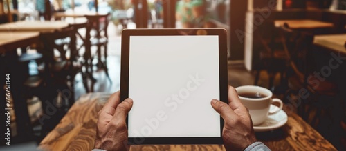 Male hands holding a digital tablet with a blank screen in a cafe setting with a table and a cup of coffee in the background.