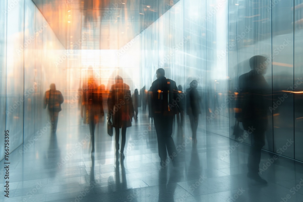 Silhouettes of people in motion in a modern office building corridor Silhouettes of people in motion in a modern office building corridor