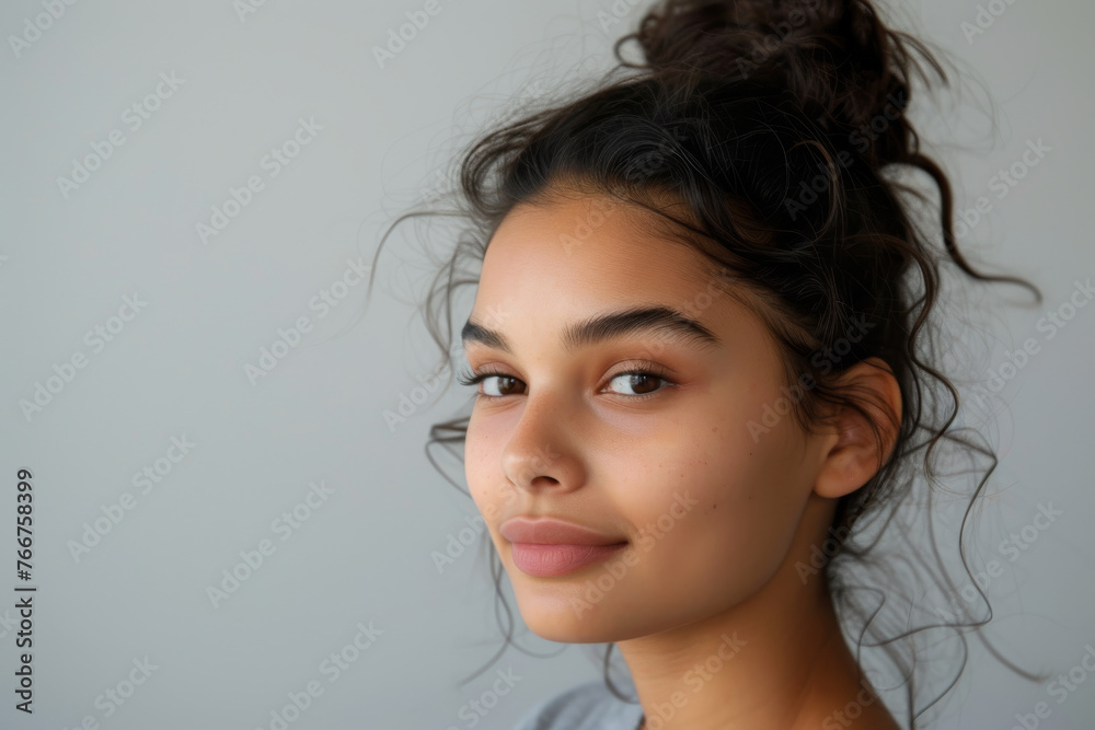 Serene Young Woman with Natural Beauty and Curly Bun Hairstyle Serene Young Woman with Natural Beauty and Curly Bun Hairstyle
