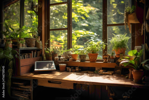 A rustic wooden desk adorned with a high-tech computer, surrounded by shelves filled with potted plants and vintage decor. Natural light streams in from a nearby window. © LOVE ALLAH LOVE