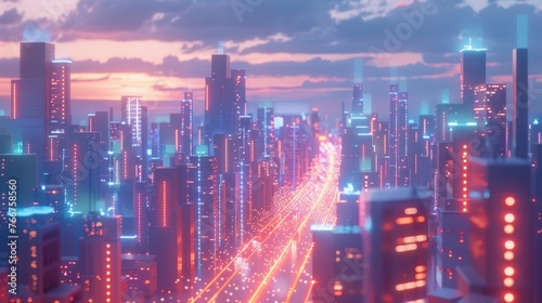 A vibrant illustration of a smart cityscape at dusk, with interconnected data streams and a dynamic, digital skyline.