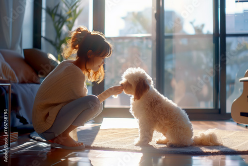 A tranquil scene captures a woman in a serene indoor setting, gently interacting with a fluffy white dog basking in the soft glow of the afternoon sunlight.