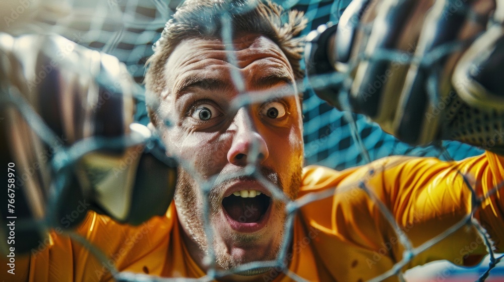 A shot of a goalkeepers eyes wide with excitement and fear as they make a crucial save.