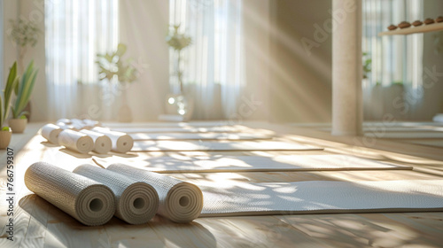 Serene Yoga Haven with Neatly Rolled Mats