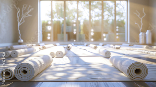 Serene Yoga Haven with Neatly Rolled Mats