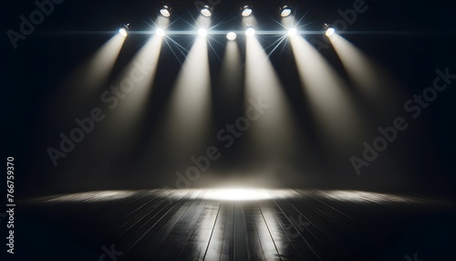 Spotlights focus down onto an empty wooden stage, creating an intense and atmospheric effect as if awaiting a performance.