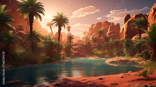 Mystical desert oasis_surrounded_by_palm_trees providing beautiful rounded lake with sun rising