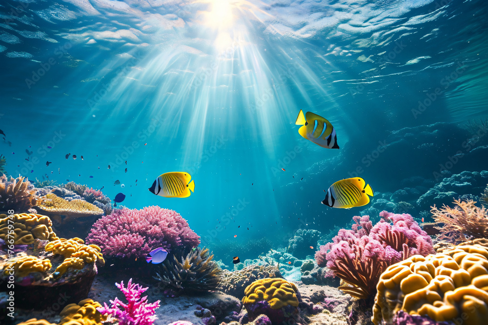 Naklejka premium Photo coral reef with fish blue sea underwater scene