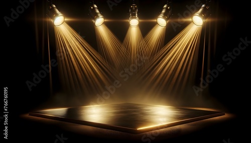 Stage spotlight, Golden spotlights pour down on an empty stage amidst a hazy atmosphere, inviting a sense of warmth and the imminent start of a performance.