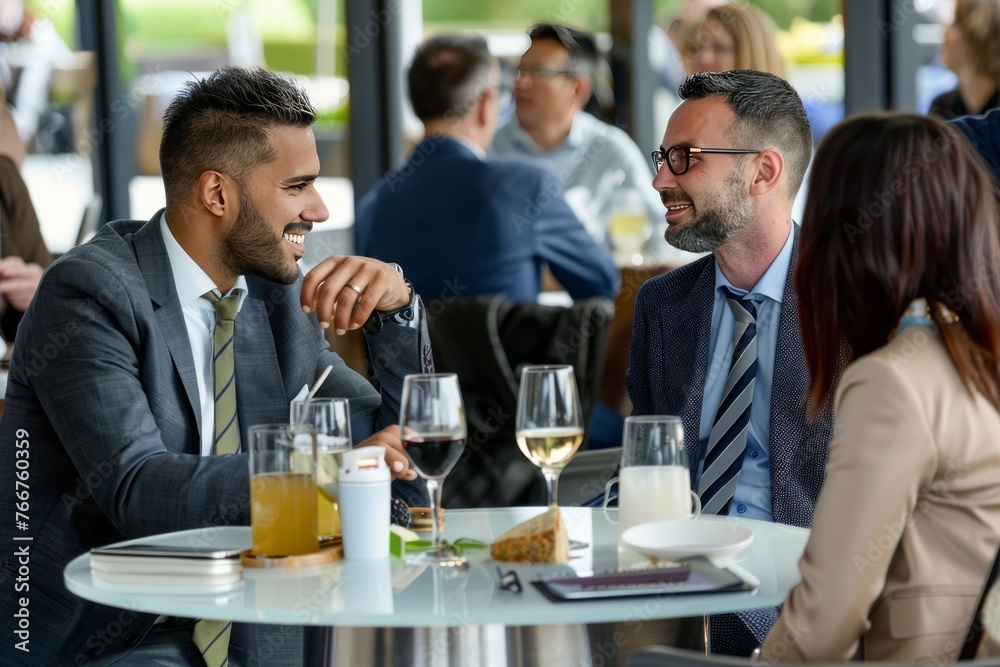A charismatic host engaging in a lively discussion with industry experts on the latest trends and innovations in business strategy and management, Generative AI A charismatic host engaging in a lively discussion with industry experts on the latest trends and innovations in business strategy and management, Generative AI