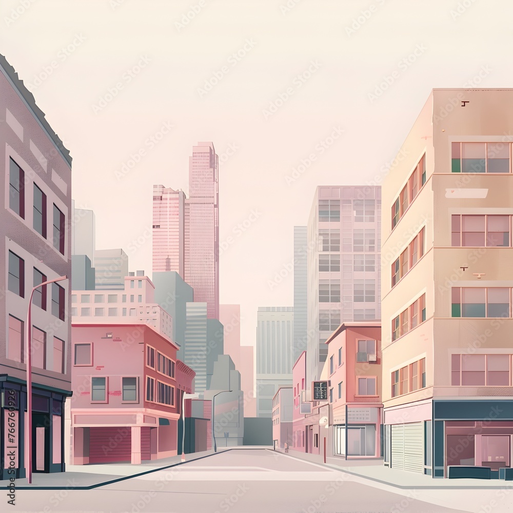 Pastel-Hued City Skyline with Geometric Highrise Buildings and Tranquil Atmosphere