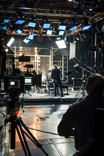 A behind-the-scenes glimpse of the production crew coordinating lighting and sound equipment for a dynamic business talk show segment, Generative AI