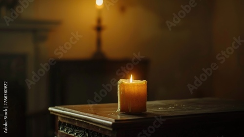 A single candle burns on a wooden table, casting a soft glow in a dimly lit, tranquil room.