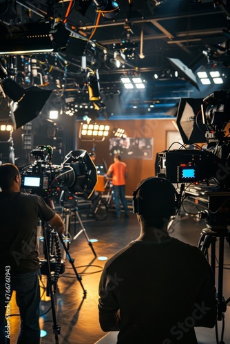 A behind-the-scenes glimpse of the production crew coordinating lighting and sound equipment for a dynamic business talk show segment, Generative AI © Shooting Star Std