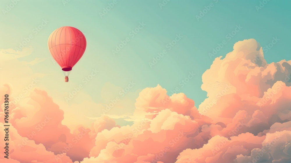 Fototapeta premium Hot Air Balloon Floating in Pastel Sky Among Fluffy Clouds