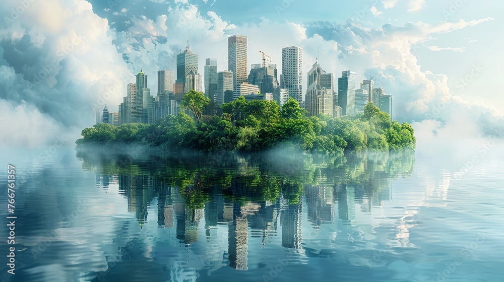 A futuristic city skyline with green buildings, renewable energy sources, and clean air