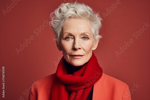 Portrait of a senior woman wearing a red scarf over red background.