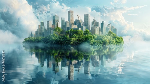 A futuristic city skyline with green buildings  renewable energy sources  and clean air