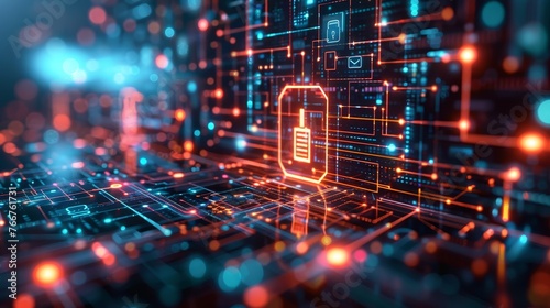 A futuristic digital security concept with advanced encryption algorithms and futuristic technology symbols 