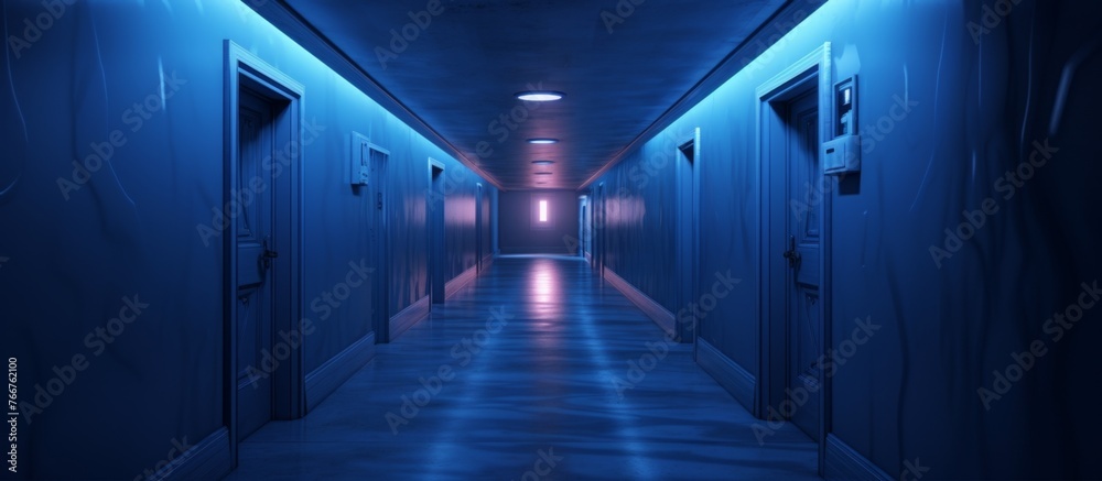 A long hallway in the building illuminated by electric blue lights on walls and doors, creating a symmetrical and futuristic atmosphere in the darkness