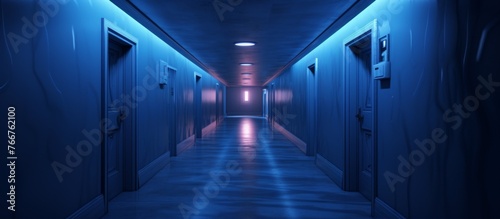 A long hallway in the building illuminated by electric blue lights on walls and doors, creating a symmetrical and futuristic atmosphere in the darkness