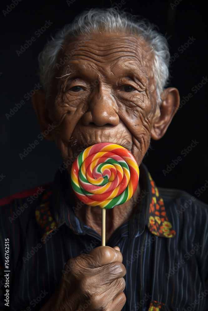 Fototapeta premium an elderly Thai gentleman, his face etched with the wisdom of years, standing serenely. He holds a vibrant, multicolored lollipop close to his heart, symbolizing a sweet juxtaposition of youth and age