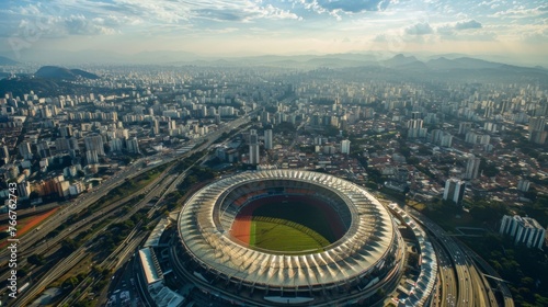 A stunning aerial view of a stadium its unique design and imposing size dwarfed by the sprawling metropolis stretching out in all directions.