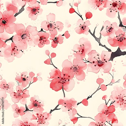 Elegant Pink Floral Pattern with Blooming Cherry Blossom Branches on Pale Background