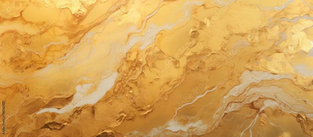 A detailed close-up view of a luxurious marble surface featuring a sophisticated pattern in gold and white colors A detailed close-up view of a luxurious marble surface featuring a sophisticated pattern in gold and white colors